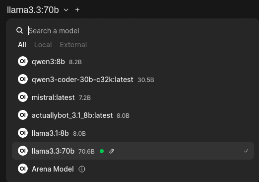 Open WebUI model selection dropdown menu